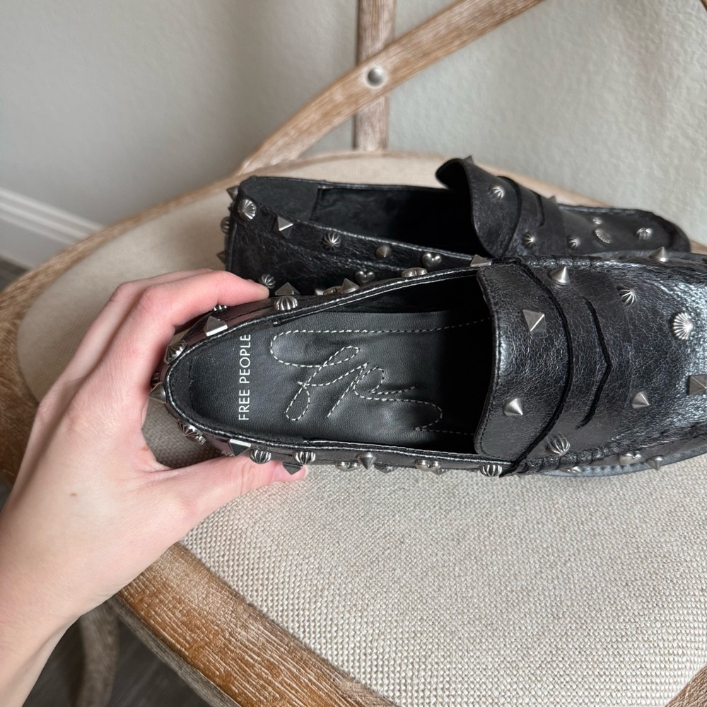 Free People Suki Black Studded Leather Penny Loafers size 7 - Picture 9 of 9